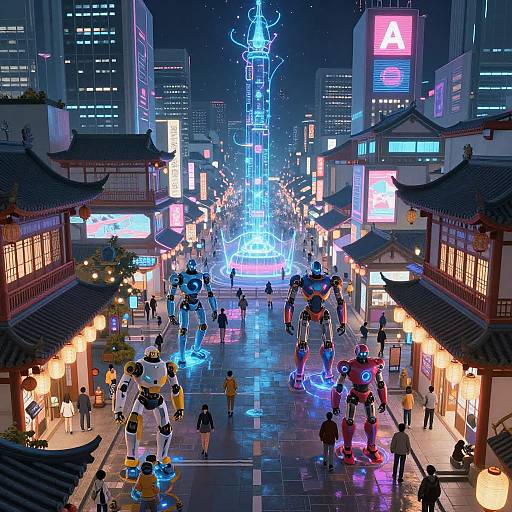 Digital anime-style cityscape at night featuring futuristic robots in a bustling, neon-lit street with traditional Chinese architecture and illuminated signs.