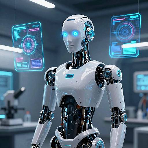 Photorealistic CGI of a futuristic white humanoid robot with glowing blue eyes, standing in a high-tech lab with holographic screens.