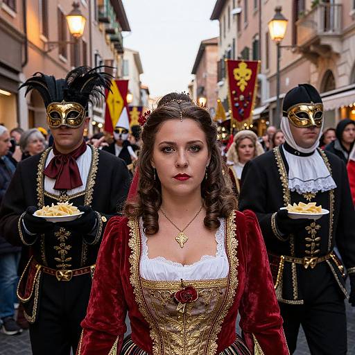 Photograph of a young woman in a red and gold 18th-century dress, with curly brown hair, red lips, and gold mask, fl