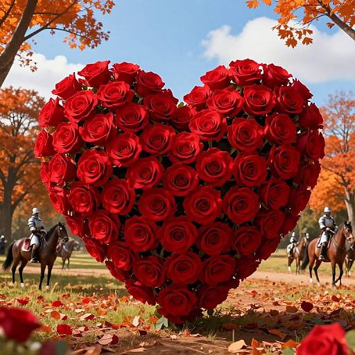 Photograph of a vibrant red heart-shaped rose arrangement in an autumn park, with mounted riders and orange-leaved trees in the background.