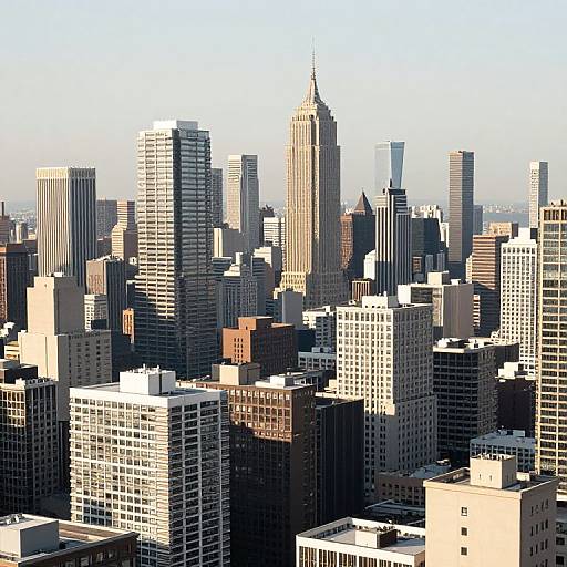 Digital illustration of a bustling cityscape featuring tall skyscrapers with varying heights and shades, including a prominent, sunlit central tower.