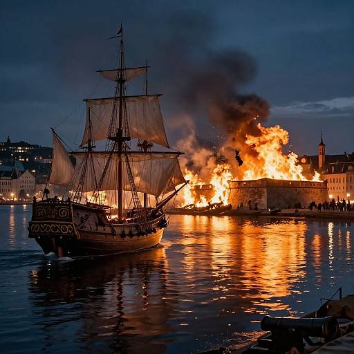 Photograph of a burning ship in a harbor at dusk, with another ship nearby, surrounded by bright flames and dark smoke.