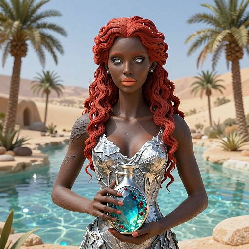 Photorealistic digital art of a dark-skinned woman with red wavy hair, wearing a silver, reflective dress, holding a blue, glowing orb