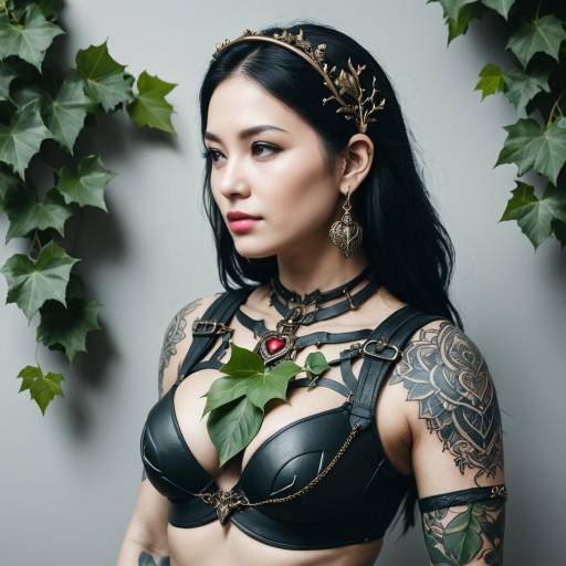 Tattooed woman in black leather harness and leaf accessories