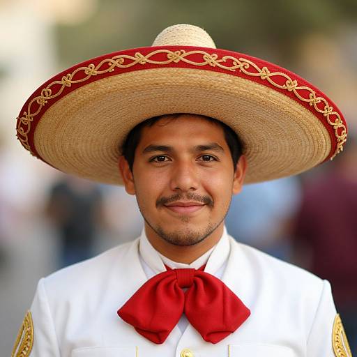 Photograph of a smiling man with medium skin tone, wearing a large red and gold embroidered sombrero, white shirt with red bow tie, and blurred