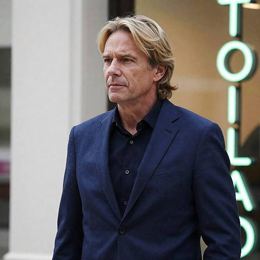 Contemplative Man by Neon Sign