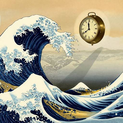 Digital art of Hokusai's Great Wave with a floating, vintage-style clock against a sunrise sky, blending traditional Japanese waves with modern elements.