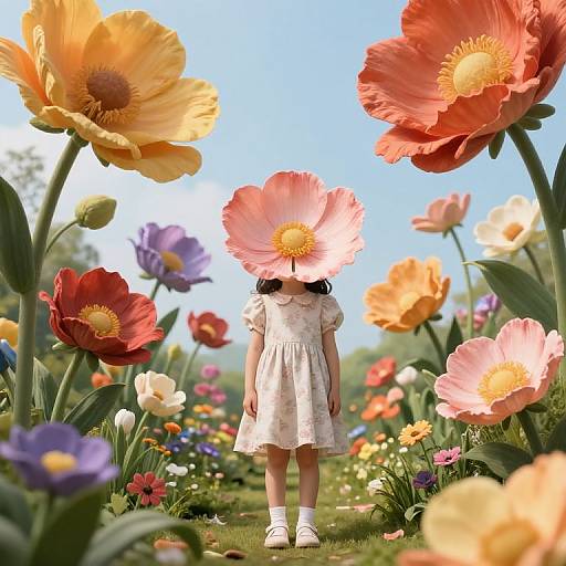 Photograph of a young girl in a white dress, standing in a vibrant garden filled with oversized, colorful flowers, including orange, pink, and yellow