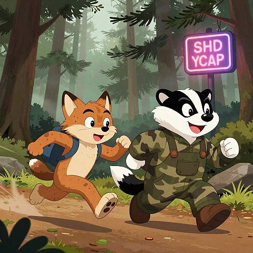 Cartoon image of a cheerful orange fox and a smiling black-and-white skunk, both running in a forest, wearing backpacks and camouflage, with