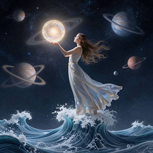 Digital artwork of a long-haired woman in a flowing white dress standing on a wave, holding a glowing sun, surrounded by planets in a starry night
