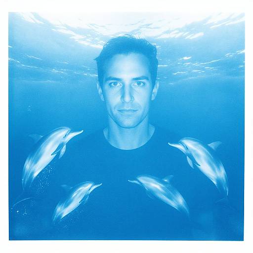 Photograph of a man underwater, blue-tinted, with three dolphins swimming around him, wearing a black shirt, staring directly at the camera.