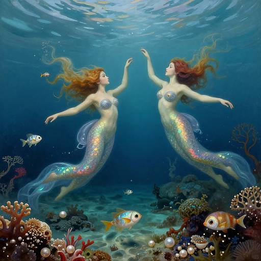 Digital artwork of two mermaids with shimmering tails, floating underwater among colorful coral, fish, and bubbles, arms outstretched.