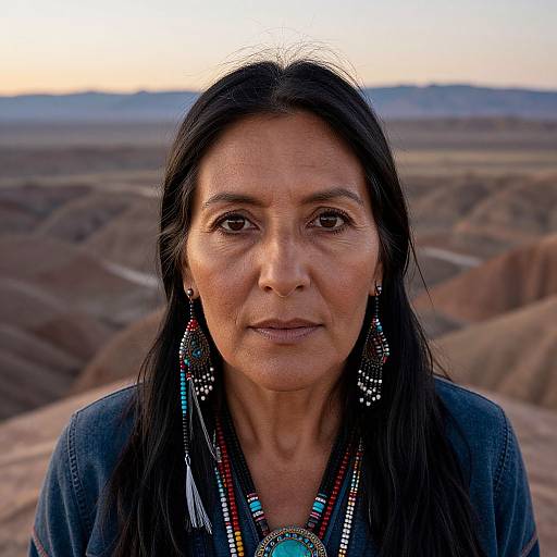 Photograph of a middle-aged Native American woman with long black hair, wearing traditional jewelry, against a sunset-lit desert landscape.