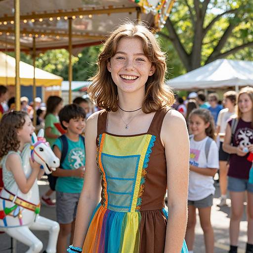 Photograph of a smiling young girl with wavy brown hair, wearing a brown dress with colorful rainbow stripes, at a sunny outdoor fair with a carousel