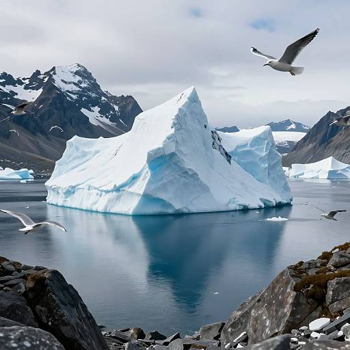 Photograph of a massive, jagged icebergs floating in a calm, reflective blue sea, surrounded by snowy mountains and soaring seagulls under