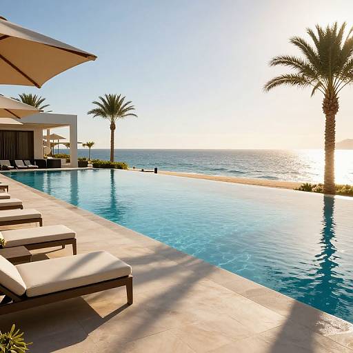 Photograph of a luxurious seaside pool with blue water, white sun loungers, palm trees, and a bright, sunny horizon.