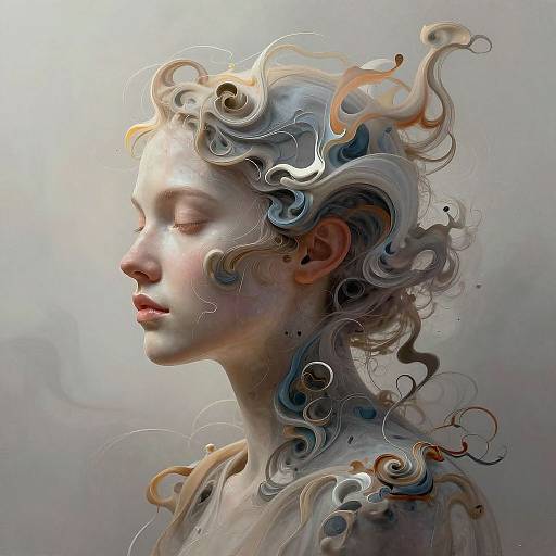 Digital art of a serene, ethereal woman with flowing, swirling hair in pastel colors, white skin, closed eyes, and soft light background.