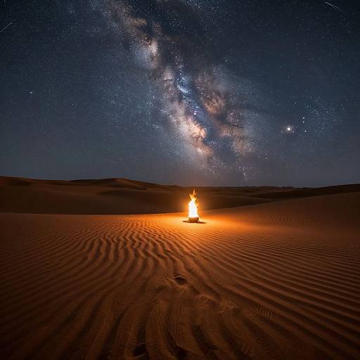 Photograph of a bright campfire in a desert at night, with the Milky Way galaxy visible in the starry sky above. Ripples in the