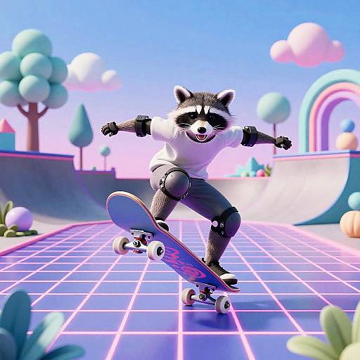 Digital cartoon of a raccoon skateboarding on a neon grid, wearing black pads, in a colorful, futuristic, outdoor skatepark.