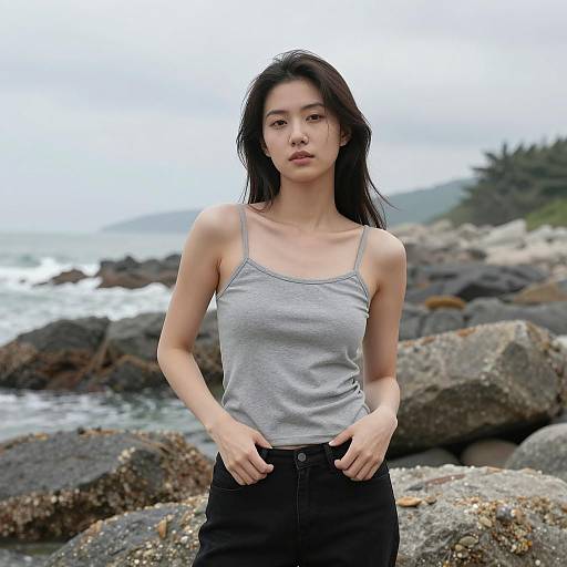 Woman Standing on Rocky Beach