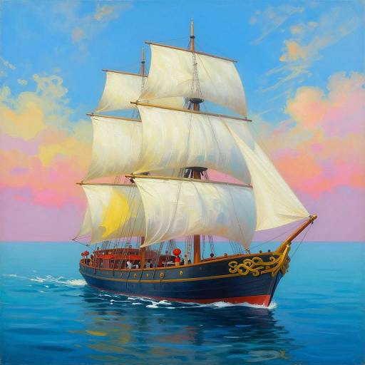 Vibrant digital painting of a classic black and gold pirate ship with white sails sailing on calm blue ocean under a pink and orange sunset sky.