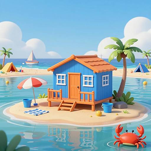 Colorful Beach House Island Illustration