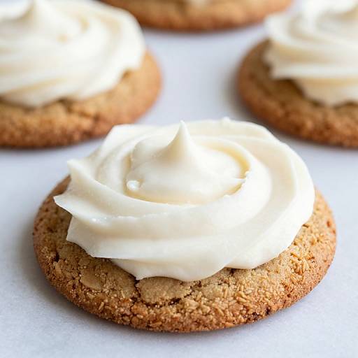 Photograph of three round, golden-brown cookies topped with swirls of creamy white frosting, placed on a white surface.