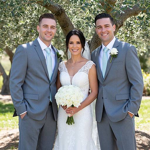 Photograph of a smiling bride in a white lace dress, holding a bouquet, flanked by two tall groomsmen in gray suits. Olive tree