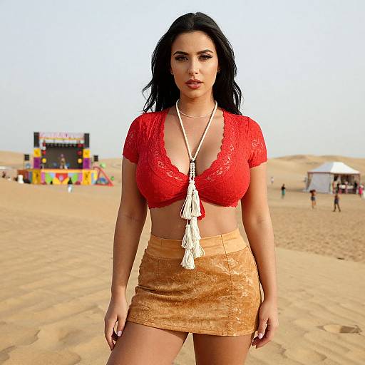 Photograph of a curvy woman with long black hair, wearing a red lace crop top and tan mini skirt, standing on a sandy beach with colorful