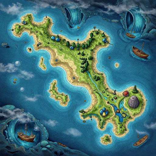 Colorful digital map of a whimsical island with green land, blue water, trees, houses, boats, and sea creatures, surrounded by blue ocean