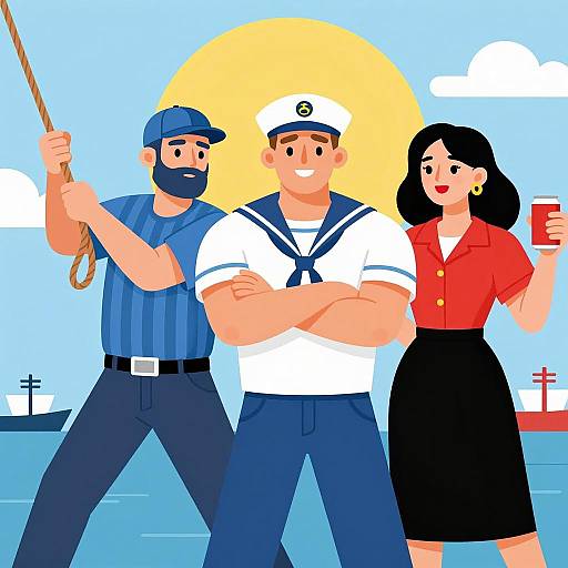 Three People by the Sea with Rope and Drink