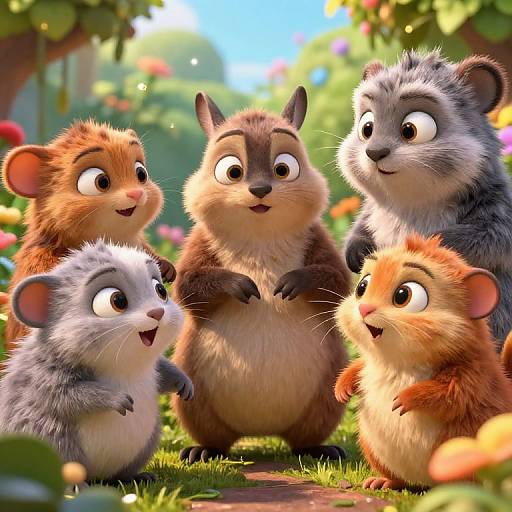 Digital illustration of five adorable, fluffy, animated hamsters with big eyes, standing in a colorful garden, surrounded by blooming flowers and lush greenery