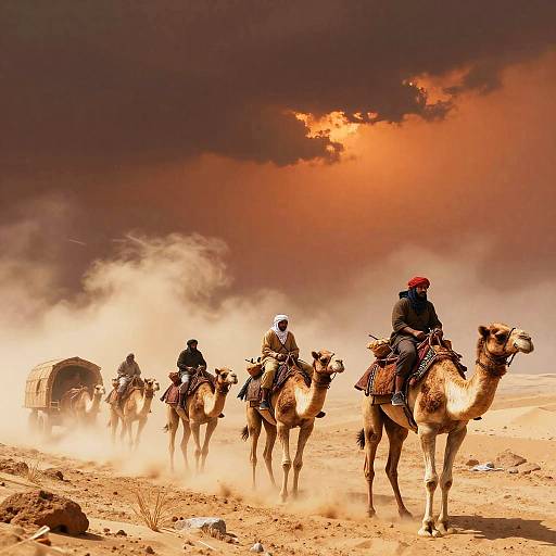 Photograph of five riders on camels traversing a dusty, desert landscape under a dramatic, orange and black, cloud-streaked sky.