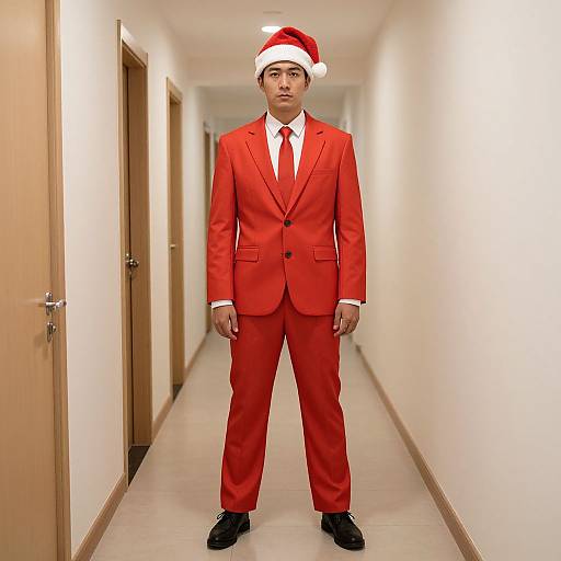 Photograph of a serious young man in a bright red suit, white shirt, red tie, and Santa hat, standing in a long, white-w