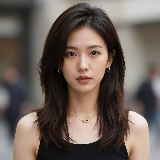 Photograph of an Asian woman with straight, dark brown hair, wearing a black tank top, small hoop earrings, and a delicate necklace, with a