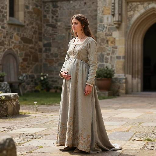 Medieval Pregnant Woman in Castle Courtyard