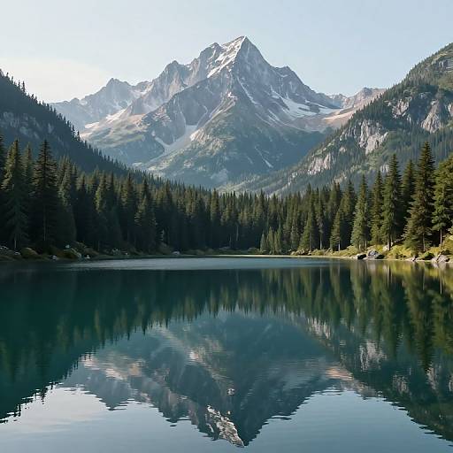 Photograph of a serene mountain lake with crystal-clear water reflecting snow-capped peaks and dense evergreen forest under a clear blue sky.
