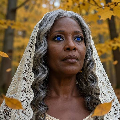 Photograph of a mature Black woman with blue eyes, gray wavy hair, wearing a white lace veil, against an autumn forest background with yellow leaves