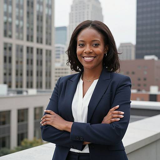 Photograph of a smiling Black woman with medium skin tone, shoulder-length black hair, wearing a navy blazer and white blouse, standing with arms crossed