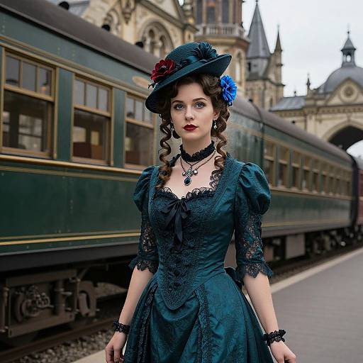 Photograph of a Victorian-era woman in a dark green lace dress and black hat with red and blue flowers, standing on a train platform beside vintage green