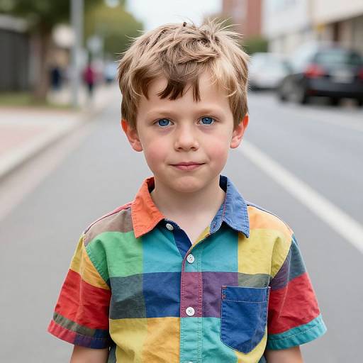 Photograph of a young boy with blue eyes and short brown hair, wearing a colorful, multi-patterned, short-sleeve shirt, standing on