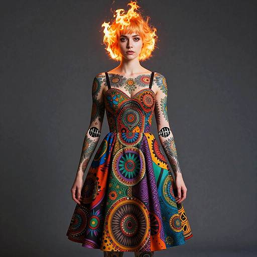 Photograph of a woman with flaming orange hair, wearing a colorful, circular-patterned dress, standing against a dark gray background.