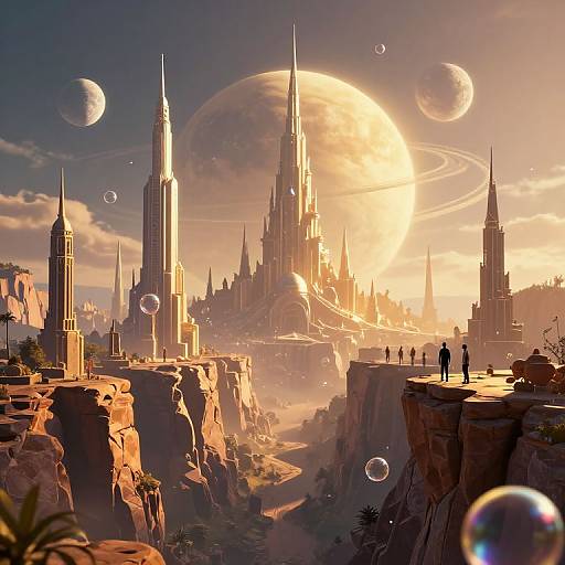 Digital art: Futuristic cityscape at sunset with towering spires, floating bubbles, and three silhouetted figures on a cliff, large planets