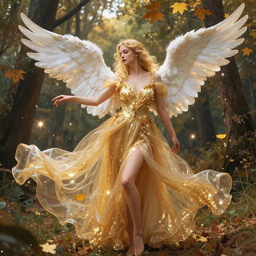 Digital artwork of a blonde angelic woman with large white wings, wearing a shimmering gold dress, dancing in a sunlit forest with autumn leaves.