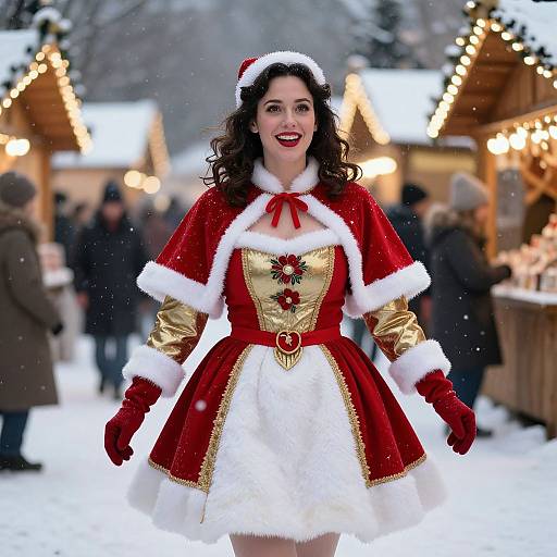 Photograph of a smiling woman with curly dark hair in a festive red and gold Christmas dress with white fur trim, red gloves, and Santa hat,
