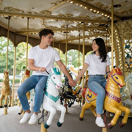 Couple Holding Hands on Carousel
