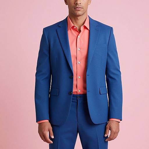 Photograph of a man with medium brown skin wearing a bright blue suit and coral shirt, standing against a plain pink background.