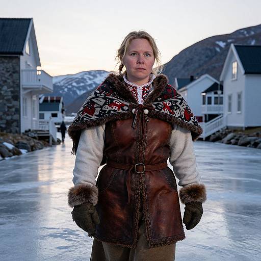 Photograph of a blonde woman in a brown leather vest and patterned wool cape, standing on a frozen river, with white houses and snowy mountains in