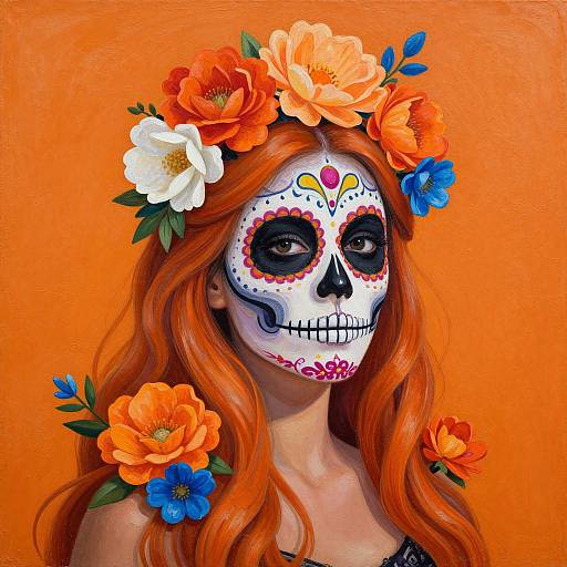 Vibrant digital painting of a woman with orange hair, floral crown, and sugar skull face paint, against an orange background.