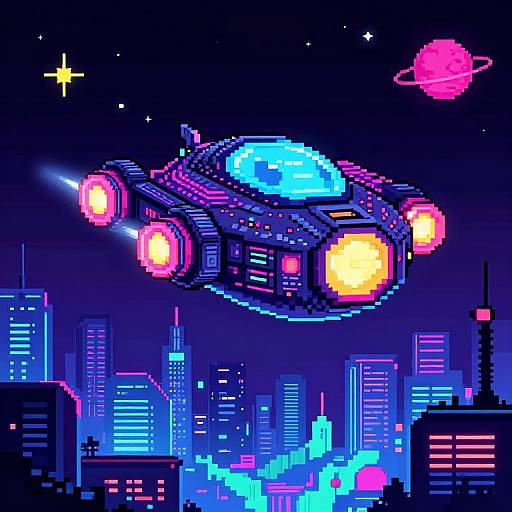 Pixel art of a glowing neon spaceship flying over a vibrant, cyberpunk cityscape with neon buildings, a pink planet, and a star in the night